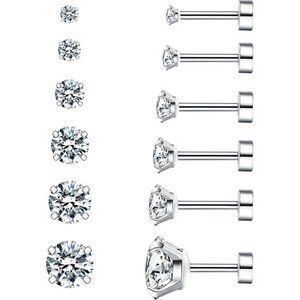 6 Pairs Hypoallergenic Cubic Zirconia Earrings Surgical Steel Flat Back